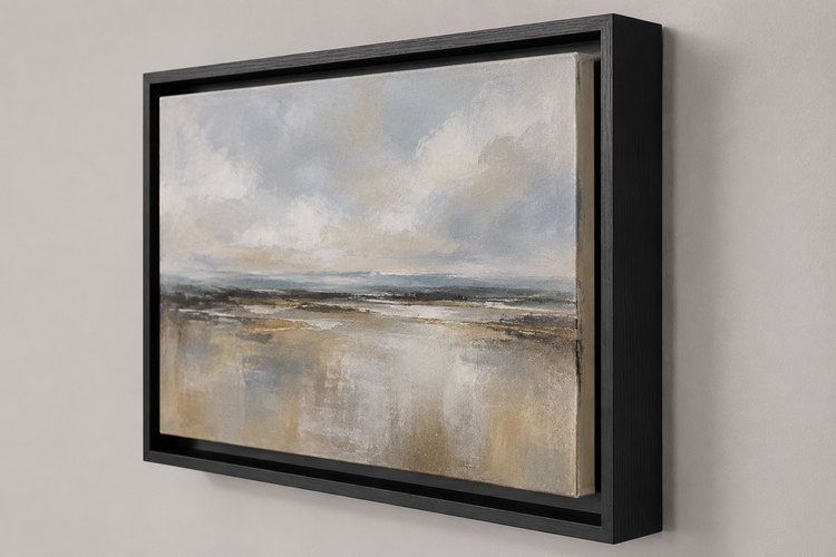 Landscape canvas painting in a black float frame