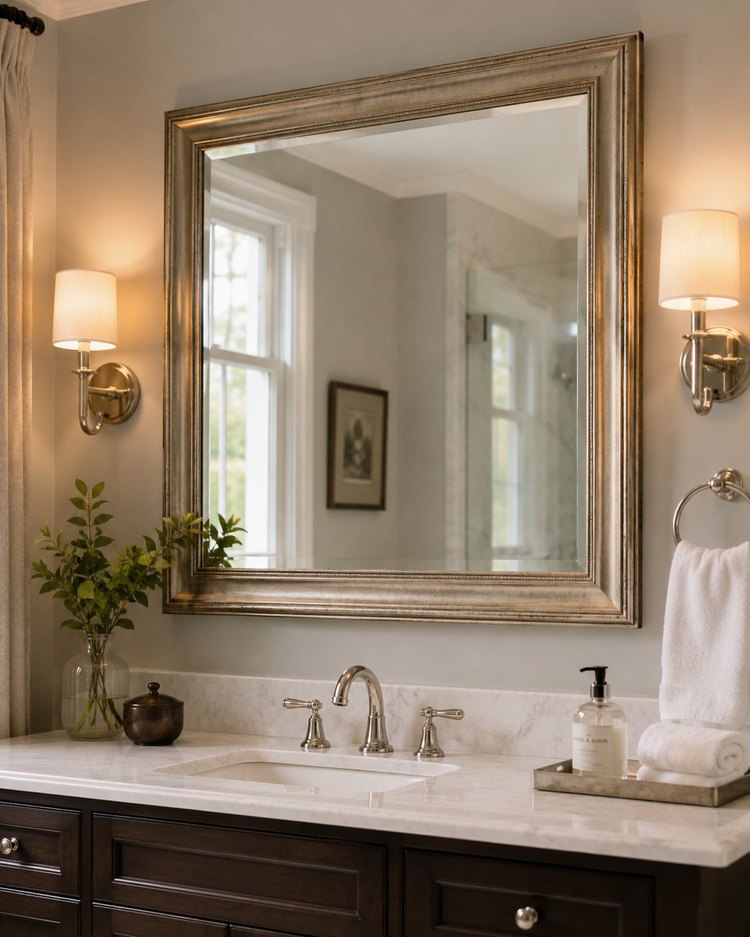 Gold framed mirror above a bathroom vanity