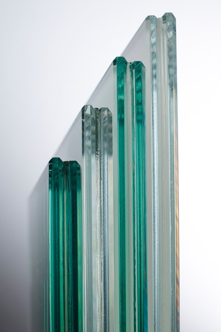 Stacked laminated glass panels showing their edges