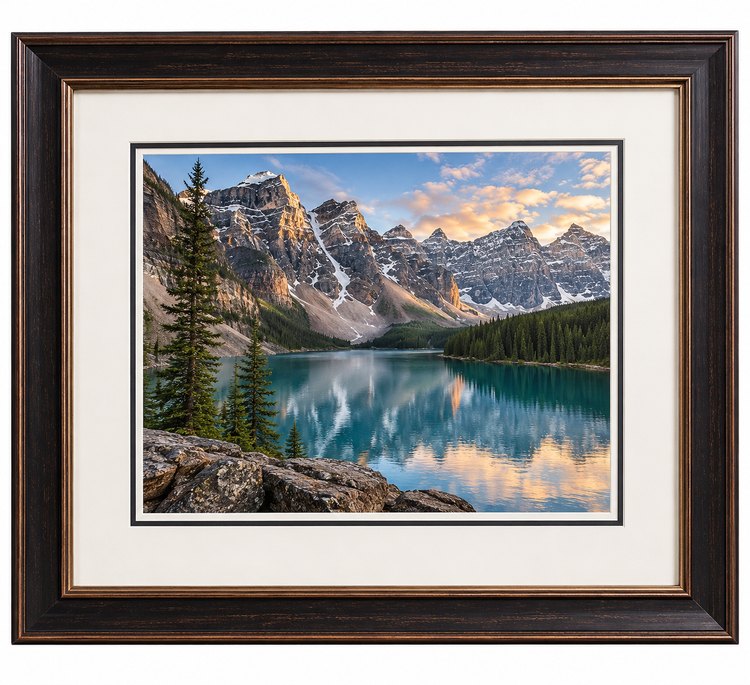 Mountain lake photo in a matted dark wood frame