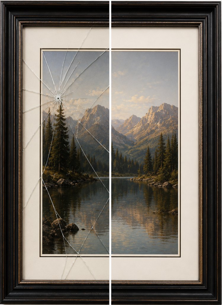 Framed landscape print with a cracked glass pane