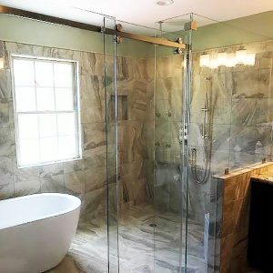 Glass shower door installed by DeSola Glass