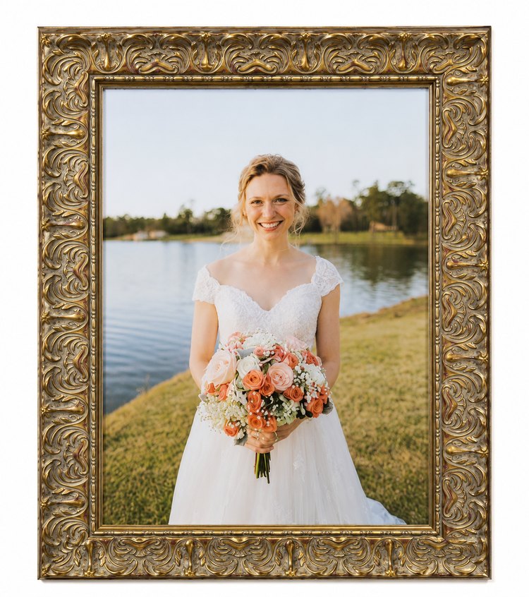 Bride portrait in an ornate gold frame